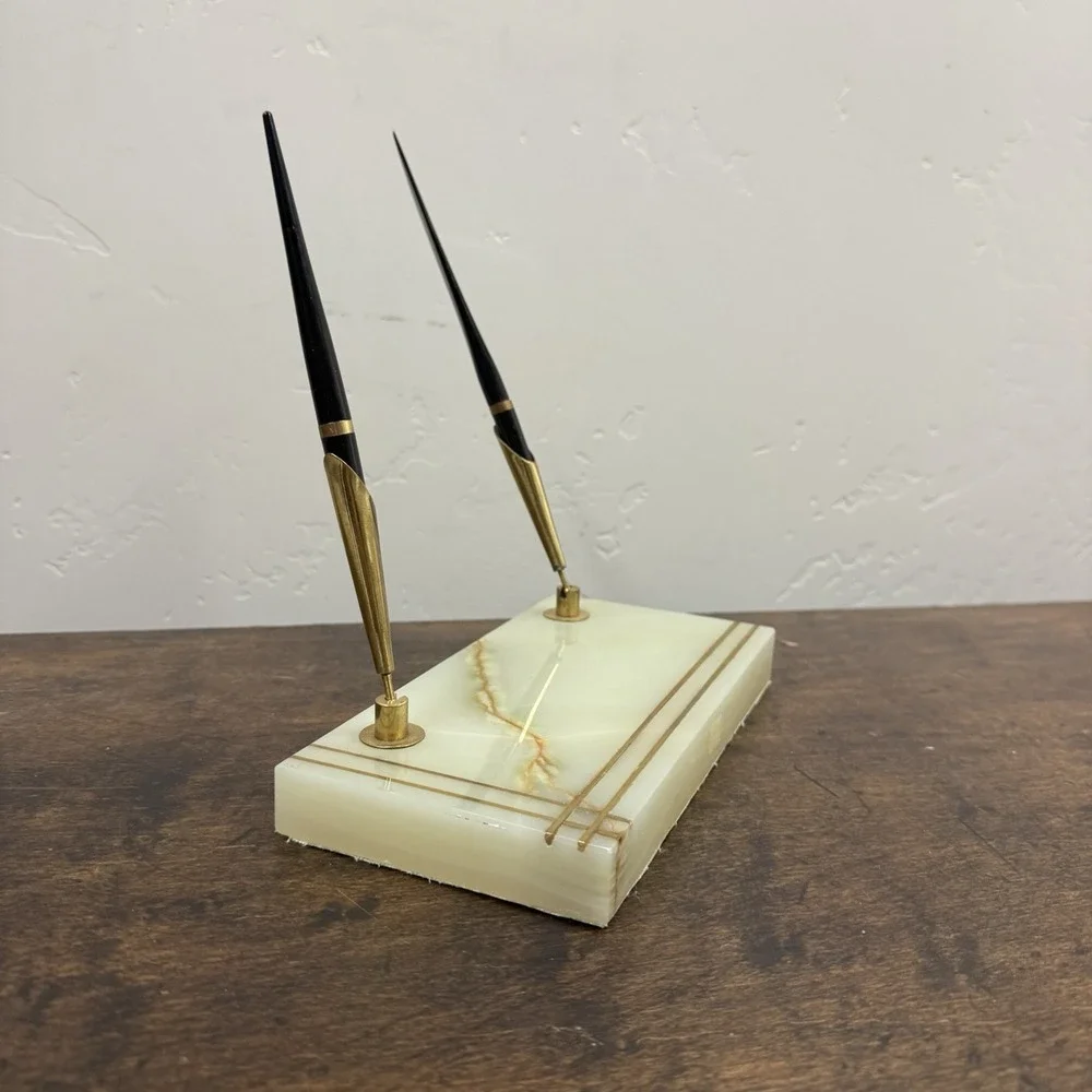 Sheaffer‎ Vintage Green Marble Double Ball Pen Pen Desk Set Made In Pakistan